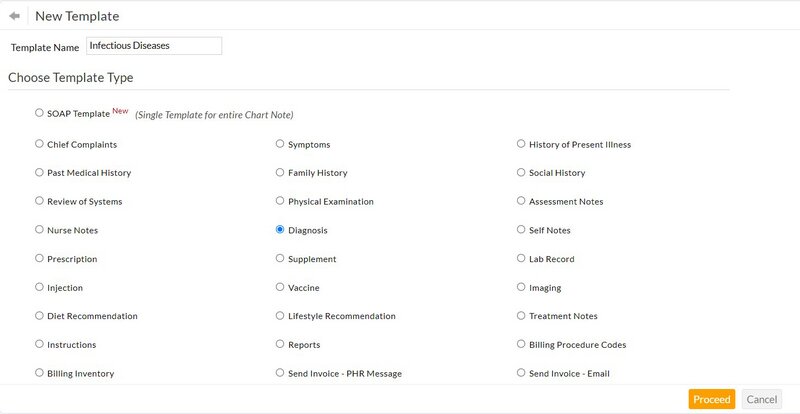A bullet point list of template types for CharmHealth's EHR. The selection marked is 'diagnosis.'