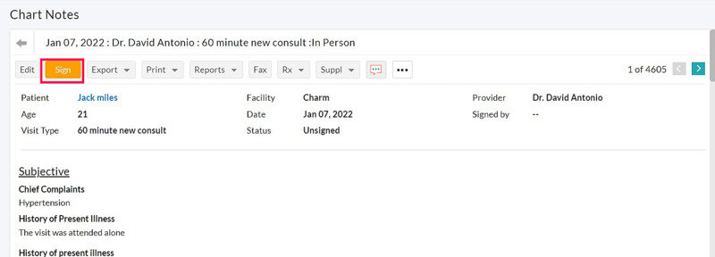 CharmHealth EHR's chart note functionality, with the orange 'sign' button highlighted for completion