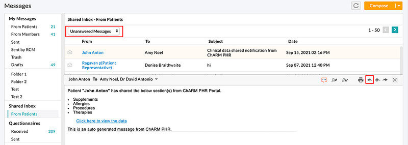 The shared inbox of messages from patients in CharmHealth EHR. The page displays unanswered messages, which can be filtered