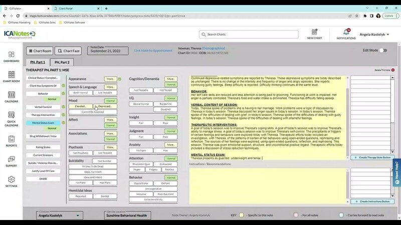 the ICANotes behavioral health electronic health record (EHR) software interface displaying a therapist progress note (PTN) template
