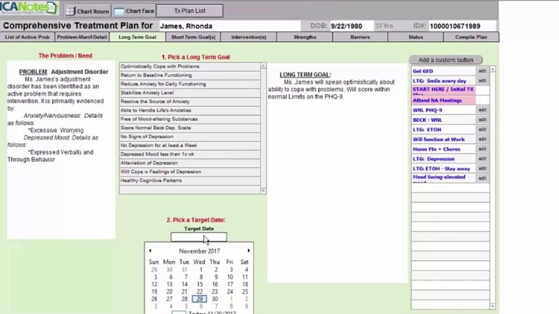  a digital behavioral health treatment planning interface from ICANotes, displaying a patient's diagnosis of adjustment disorder alongside selected long-term goals, customizable clinical interventions, and a target date calendar.