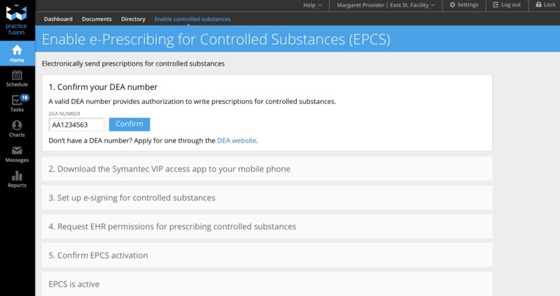 A screenshot of Practice Fusion's settings page for enabling e-Prescribing for Controlled Substances (EPCS)