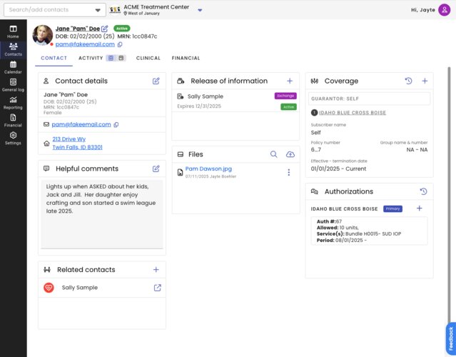 BestNotes' contact section featuring tabs for contact info, activity, clinical and financial