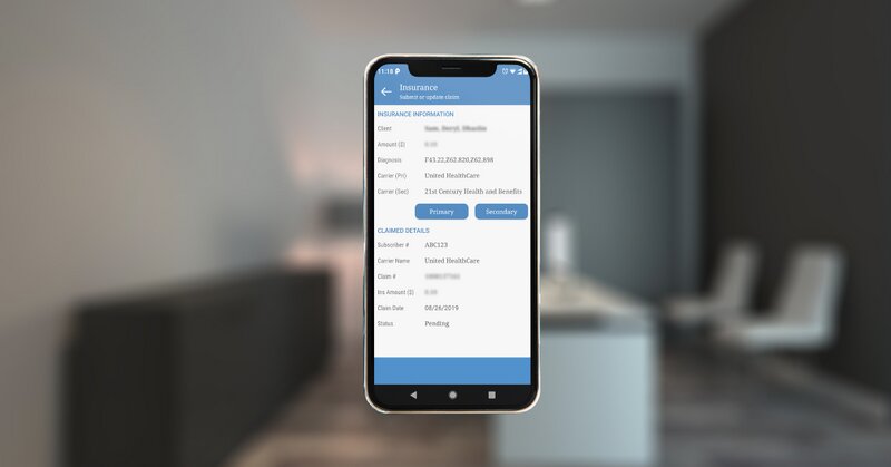 the Therasoft Mobile practice management app showing insurance claim and billing detail