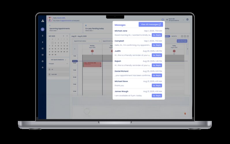 SPRY EMR's online calendar and appointment scheduling dashboard with a floating "Messages" notification window.