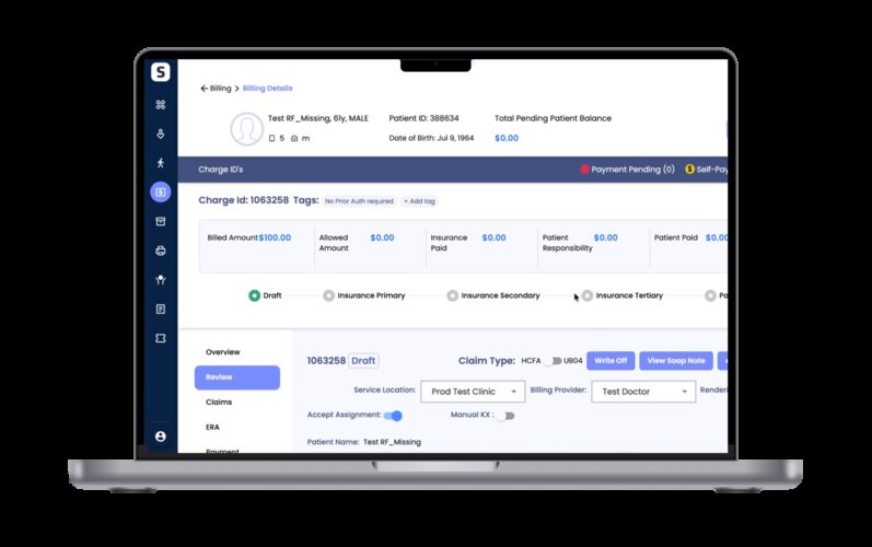 SPRY EMR displaying a digital healthcare billing and claims management interface, featuring patient details, charge IDs, billed amounts, and insurance claim tracking steps (such as draft, primary insurance, and secondary insurance)