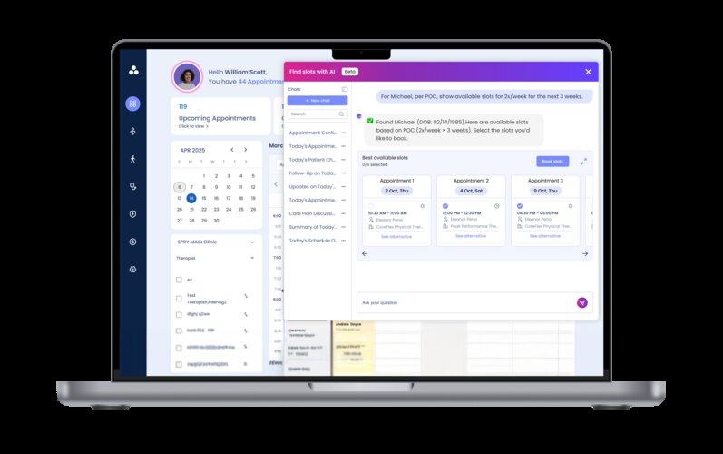 SPRY's AI-powered scheduling and practice management interface displayed on a laptop screen, featuring an assistant side panel ("Find slots with AI") that suggests patient or client availability based on specified parameters.
